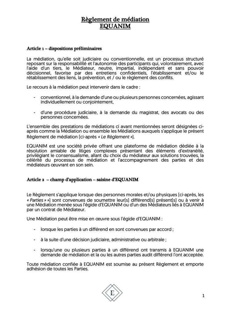 règlement de médiation d'Equanim